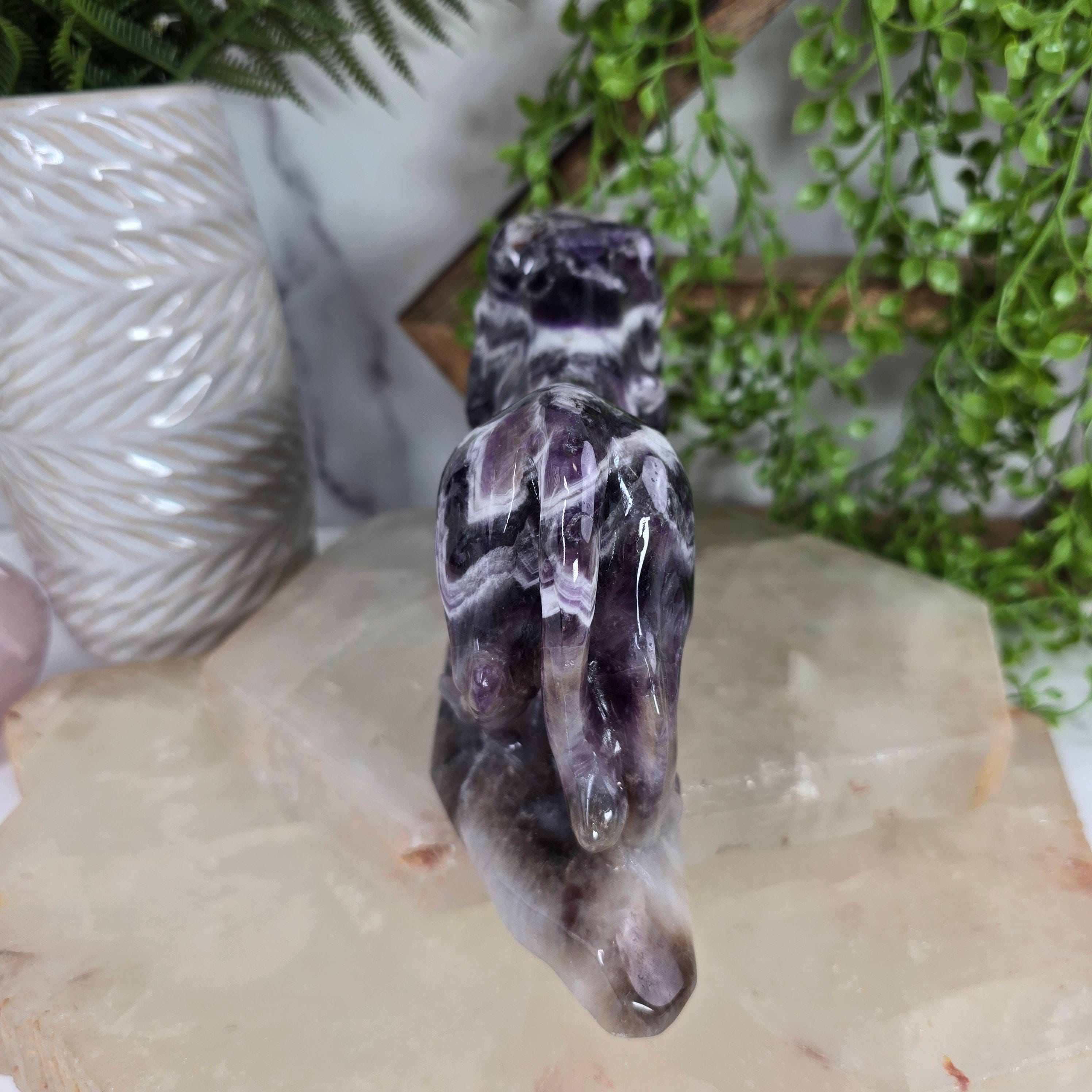 Chevron Amethyst Jaguar Statue - Carved Crystal Wildcat - OOAK