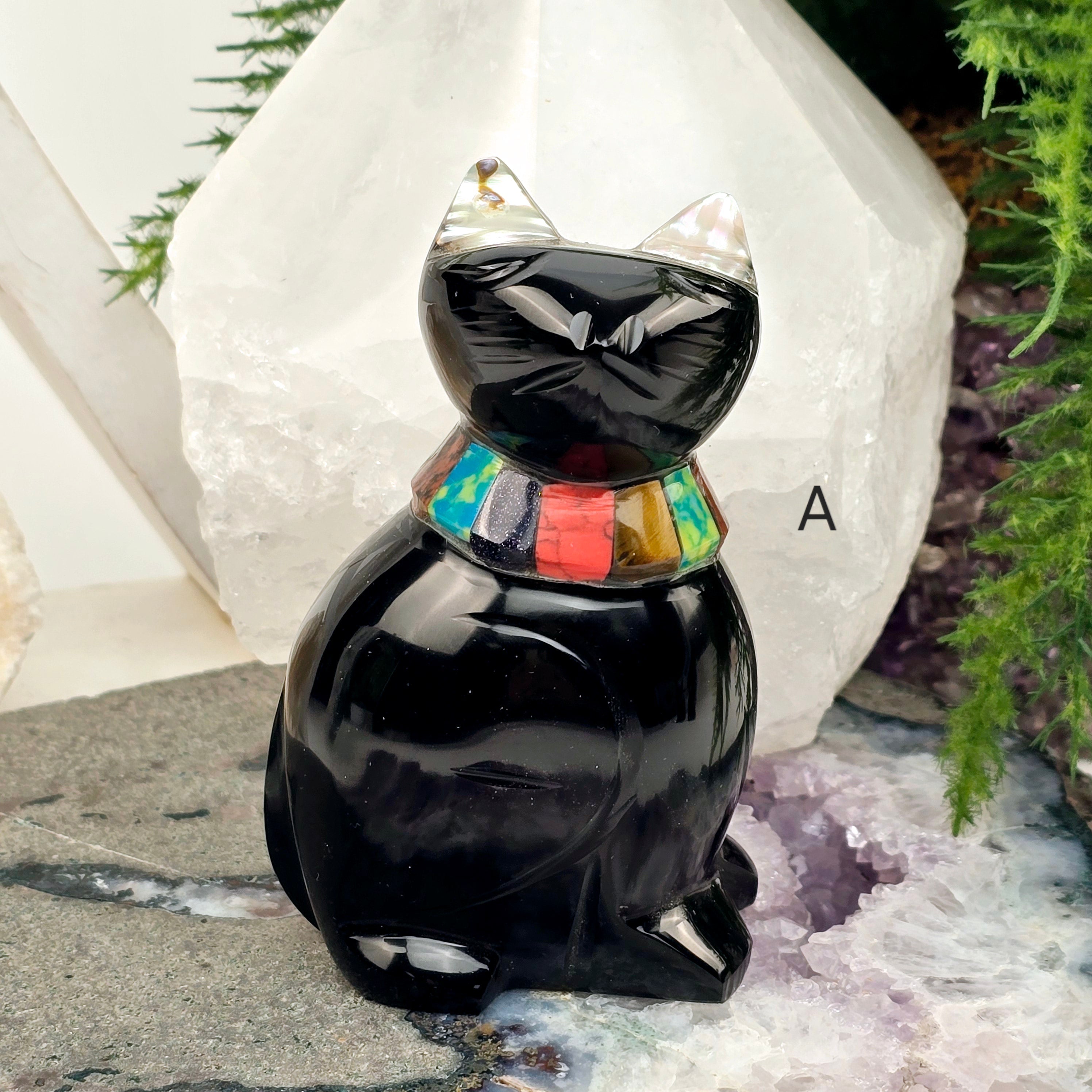 Black Onyx Crystal Cat with Shell and Gemstone Inlays - You Choose