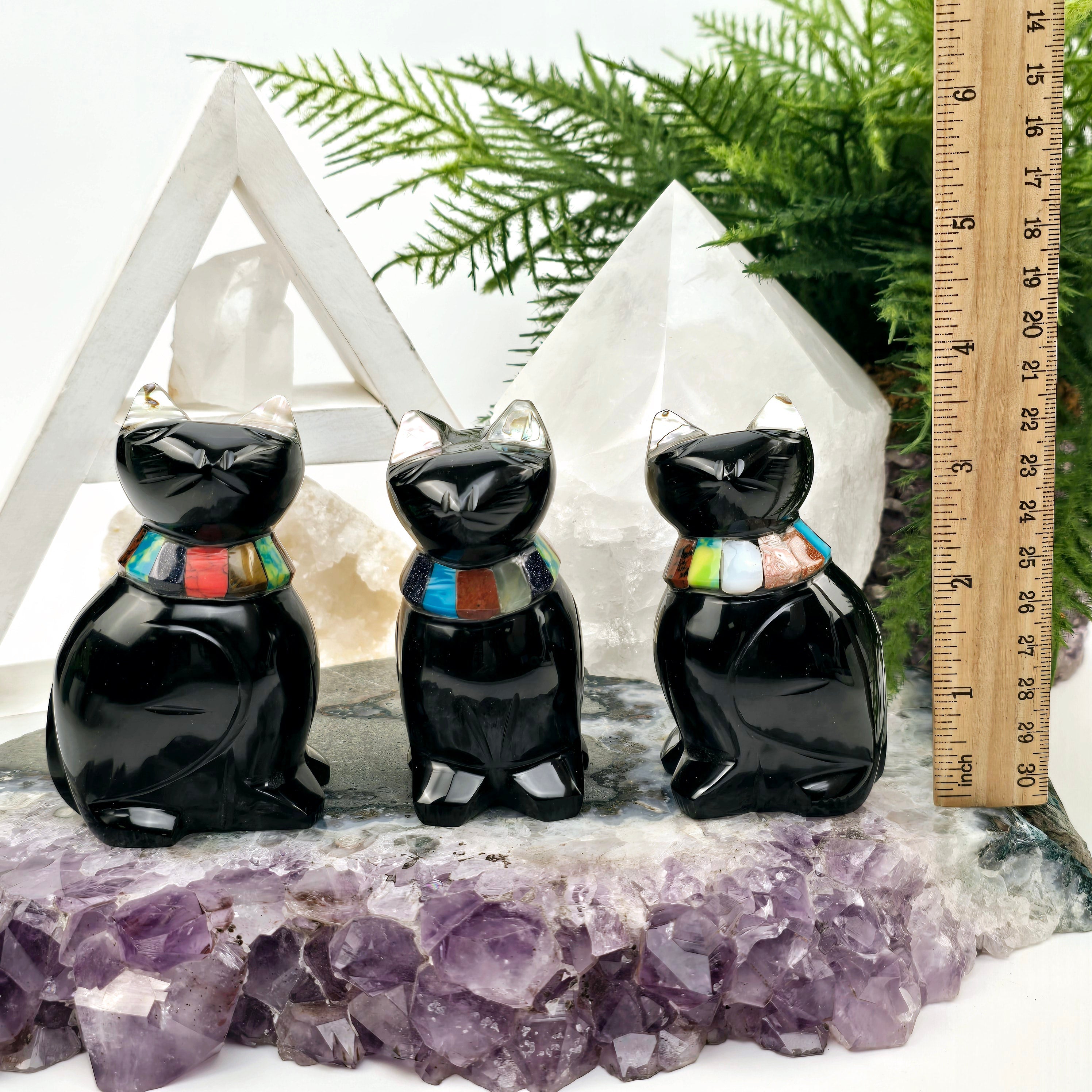 Black Onyx Crystal Cat with Shell and Gemstone Inlays - You Choose