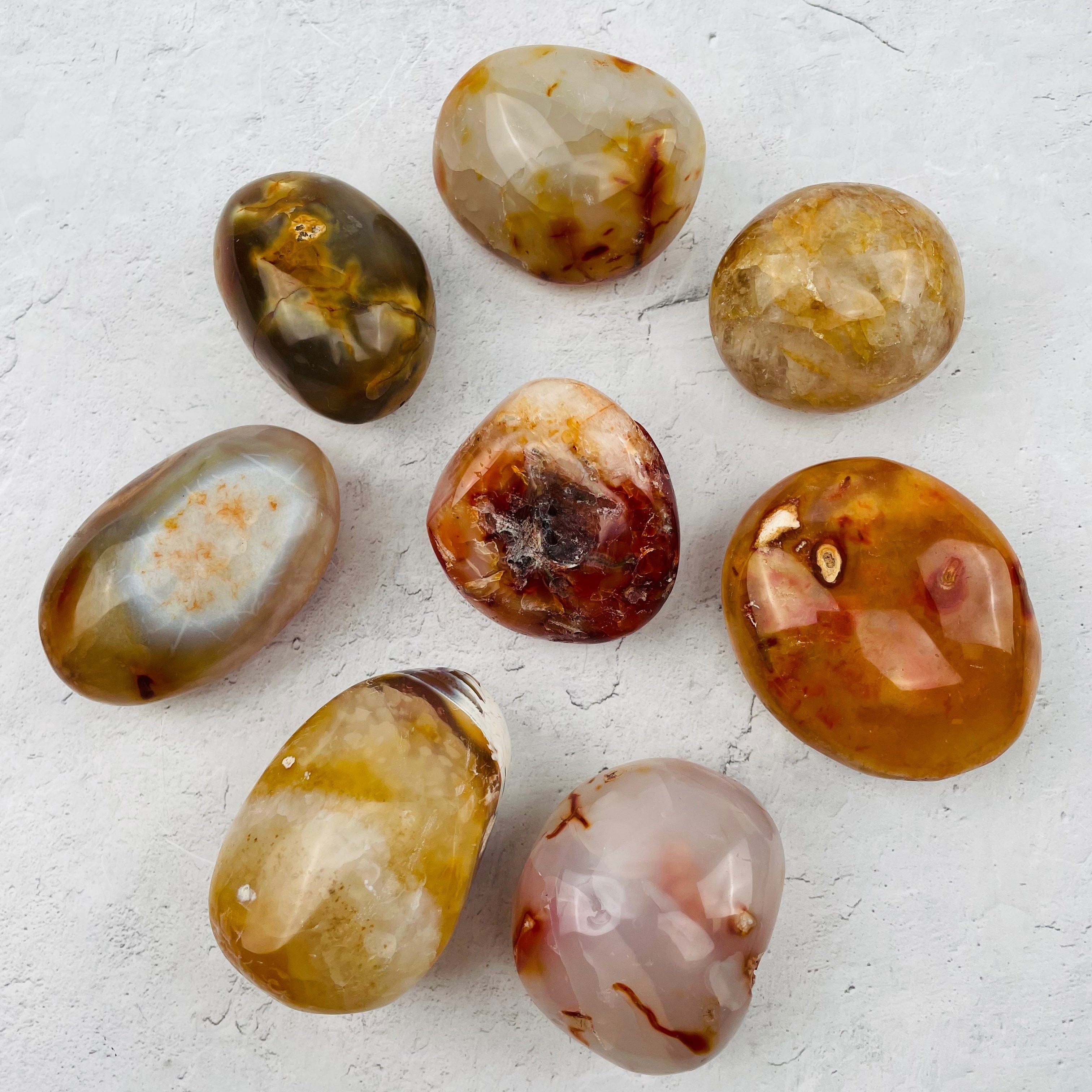 Lot of 8 Carnelian Agate Tumbled Palm Stones - You Choose