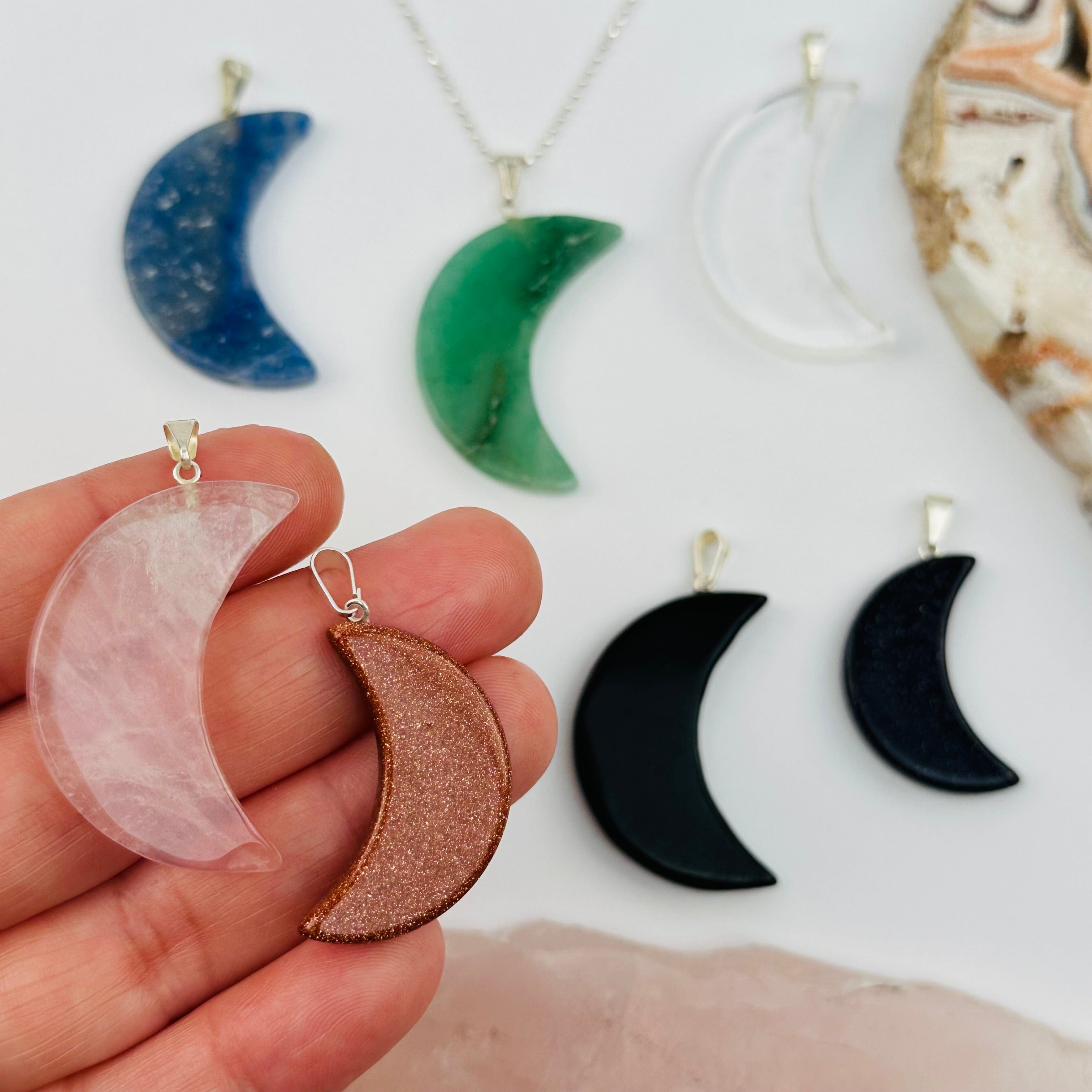 Crescent Moon Crystal Pendant - You Select Gemstone