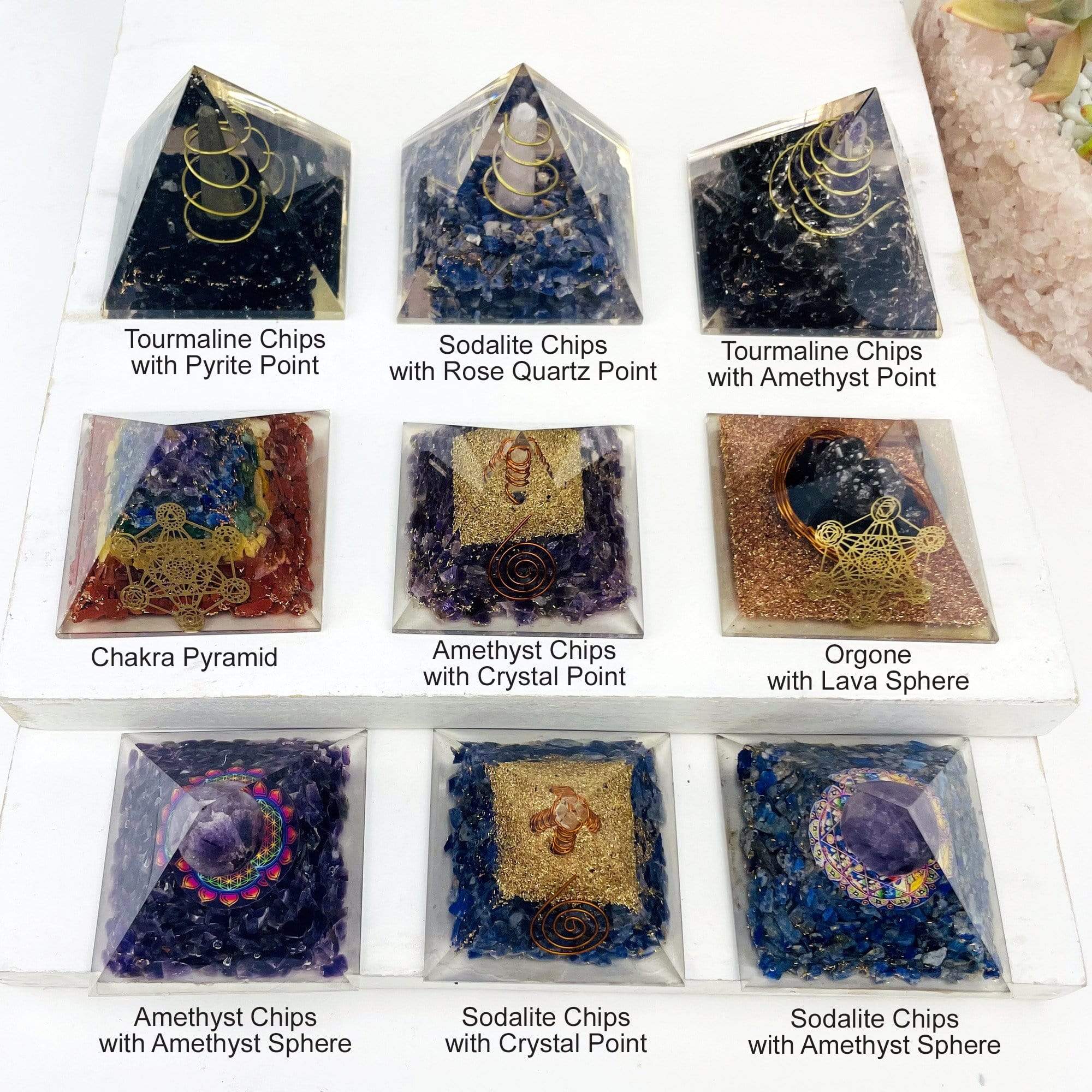 Orgone Tourmaline with Amethyst Point Pyramid - Chakra Reiki Metaphysical Pyramids