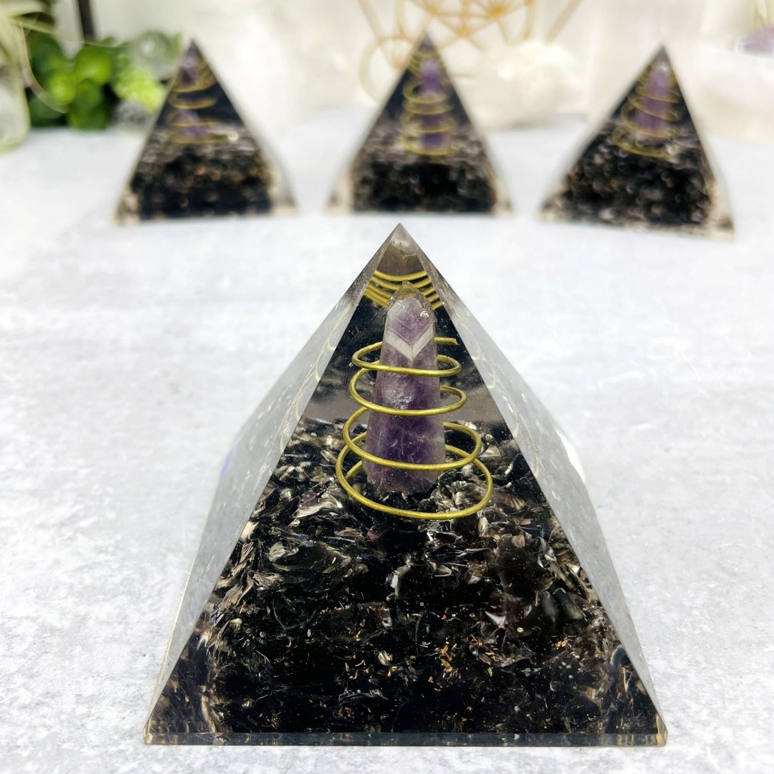 Orgone Tourmaline with Amethyst Point Pyramid - Chakra Reiki Metaphysical Pyramids