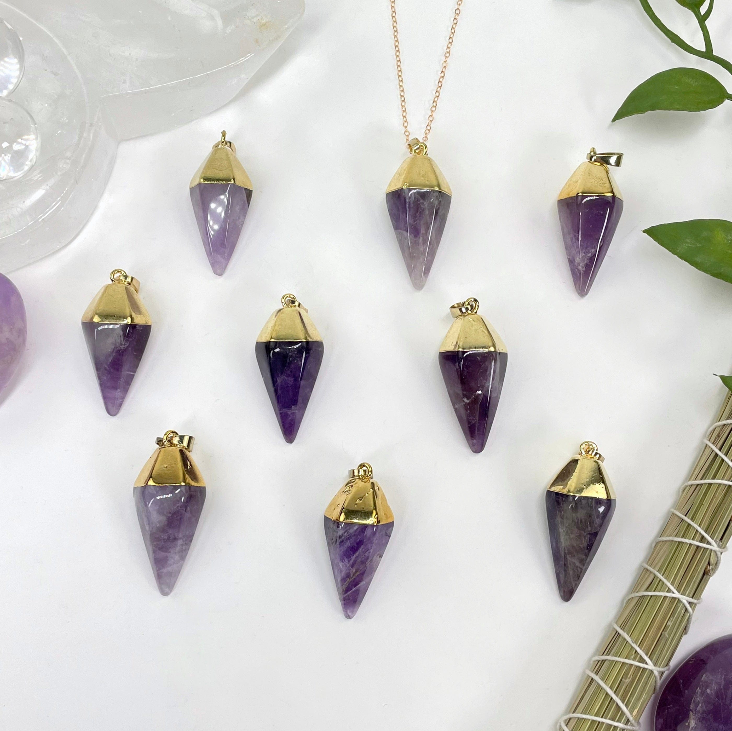 Amethyst Quartz Spear Pendant with Electroplated 24k Gold Cap and Bail (S52B24b-05)