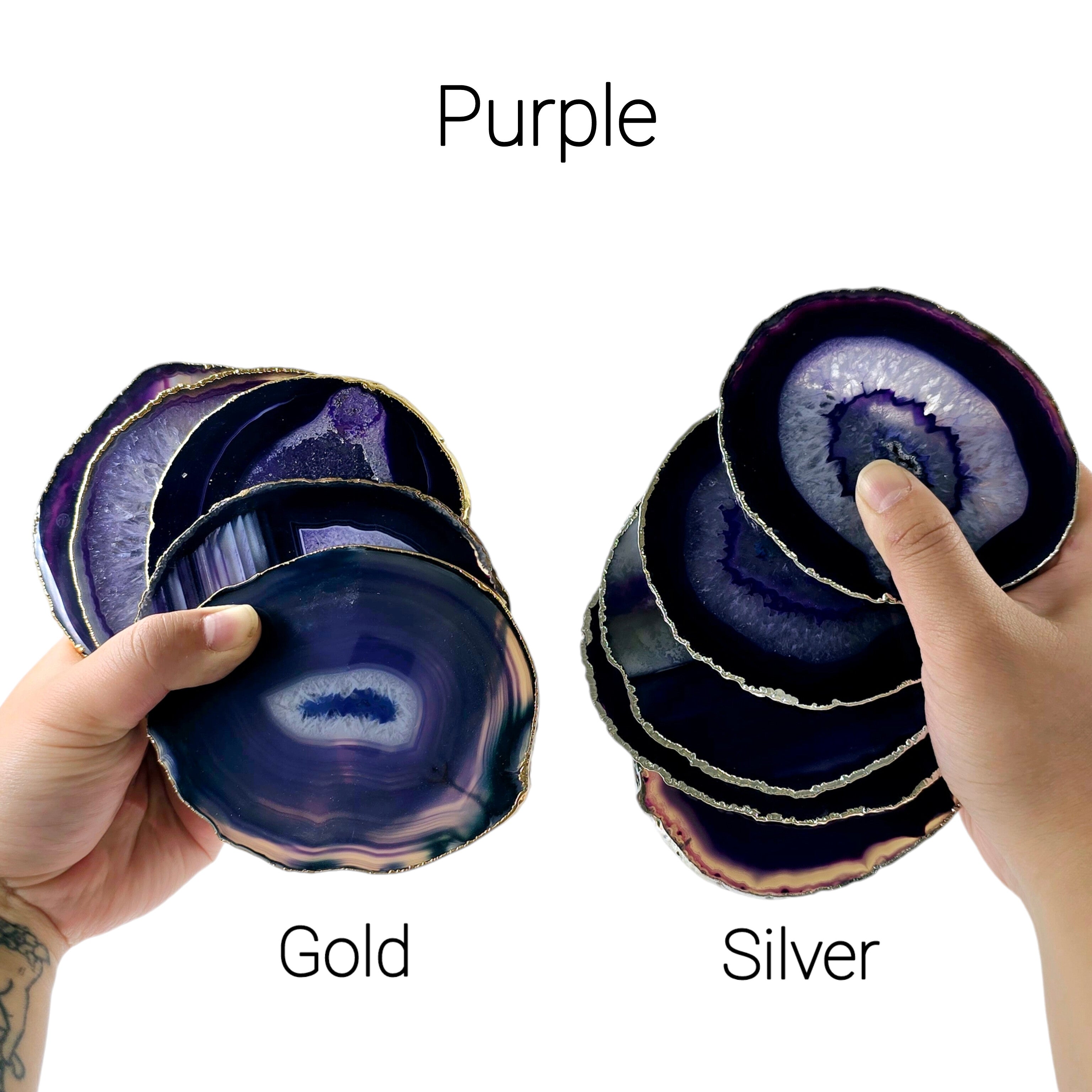 Agate Crystal Coasters 24k Gold or Silver Electroplated Edges - Set of 4 - Choose your Color