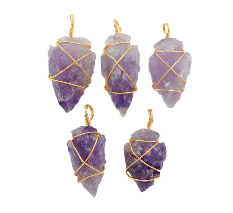 Amethyst Arrowhead Pendant Wire Wrapped Gold Tone Arrow Head Charm