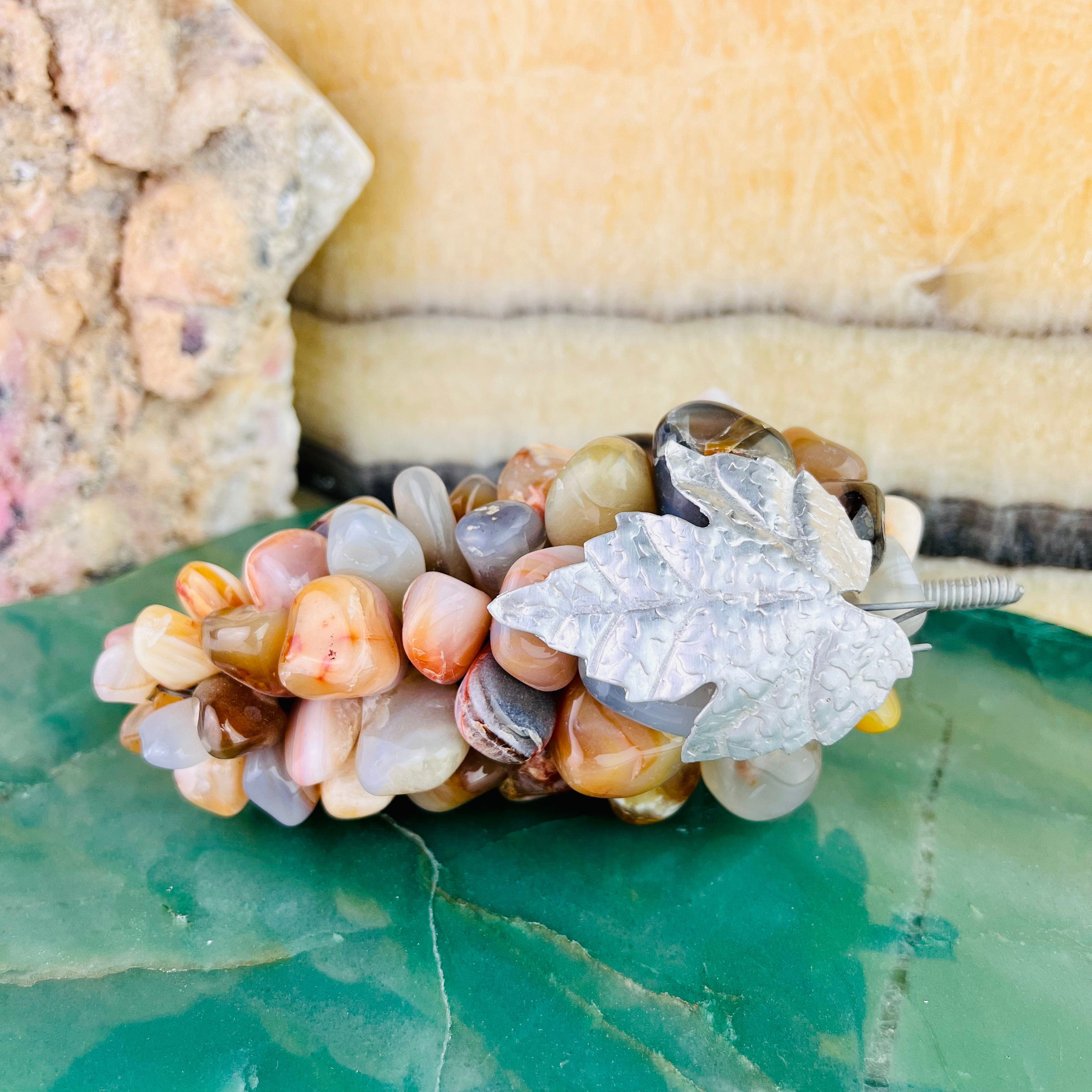 Polished Agate Stone Grape Cluster with Silver Leaf