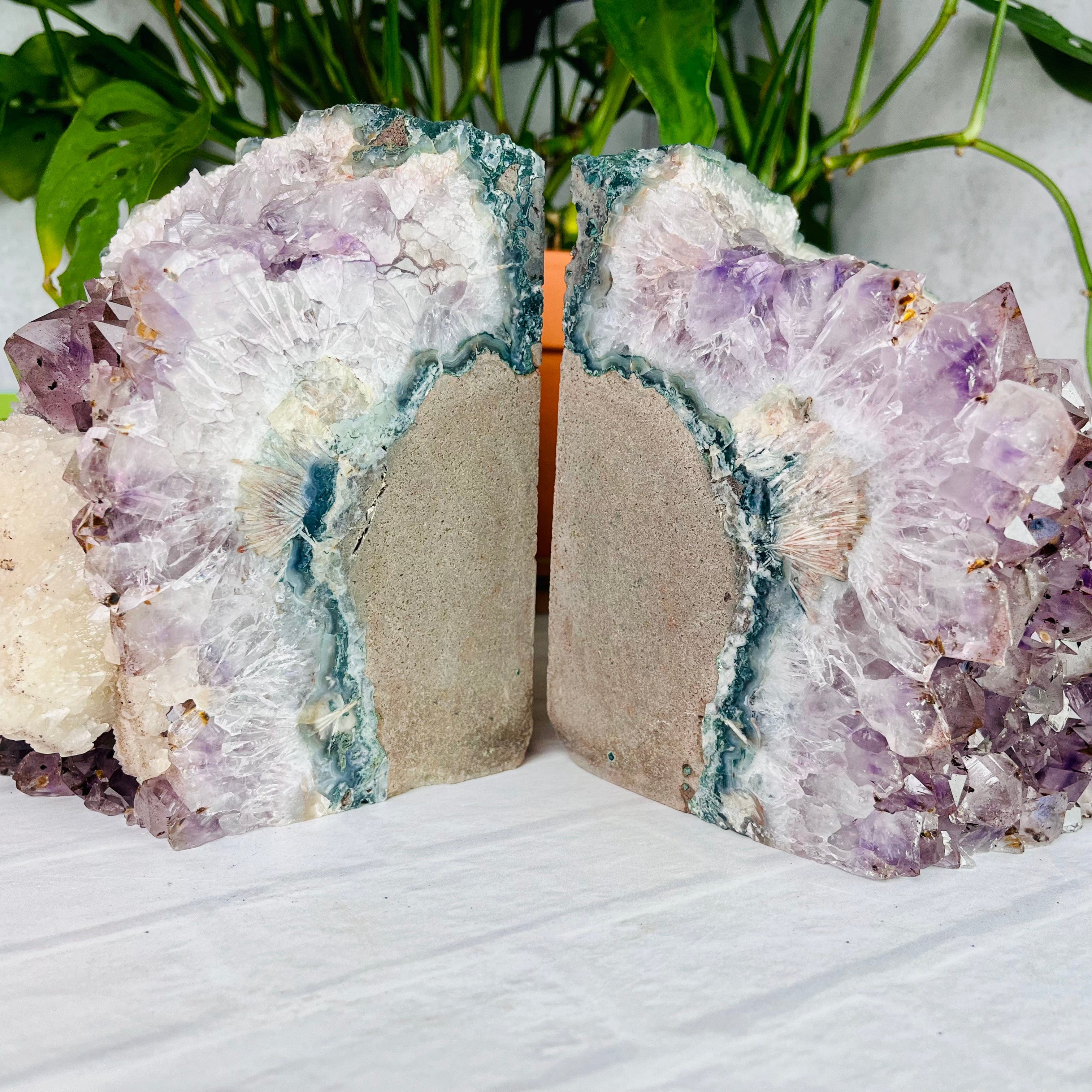 Amethyst Bookend Set with Calcite Cluster