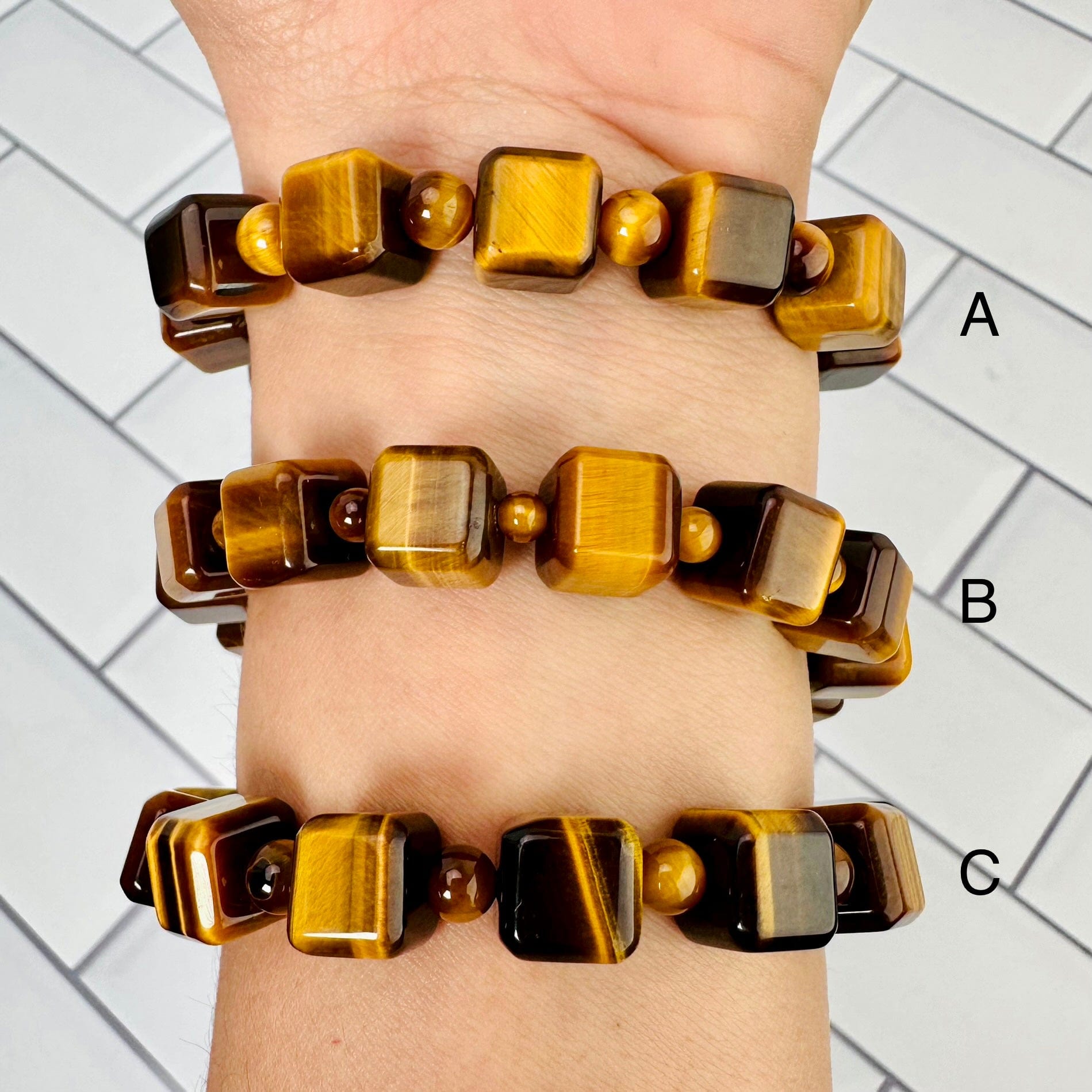 Tigers Eye Cube Bead Bracelet (1BROWNSHELF-74)(A,B,C)